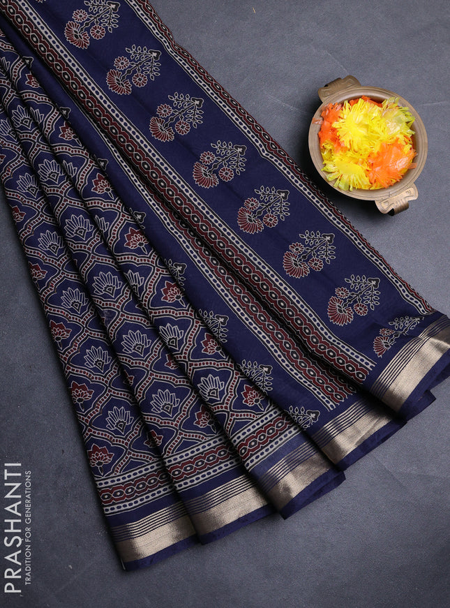 Muslin cotton saree navy blue with allover kalamkari prints and zari woven border