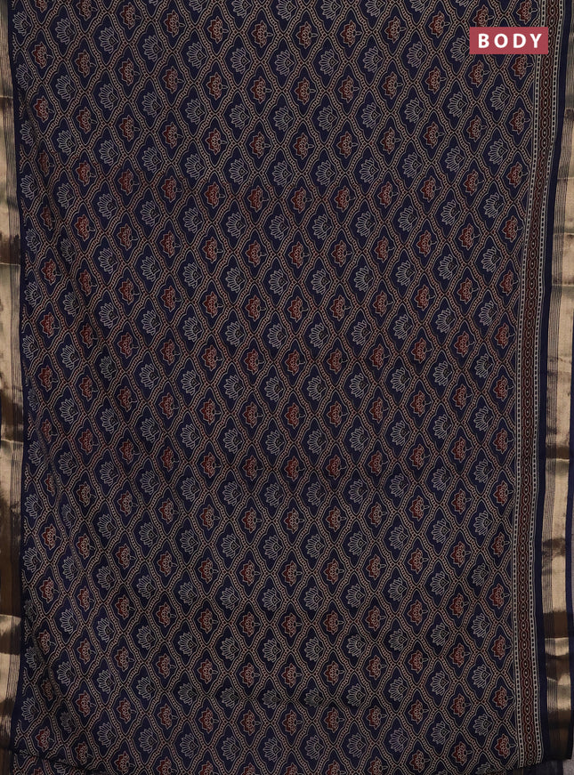 Muslin cotton saree navy blue with allover kalamkari prints and zari woven border