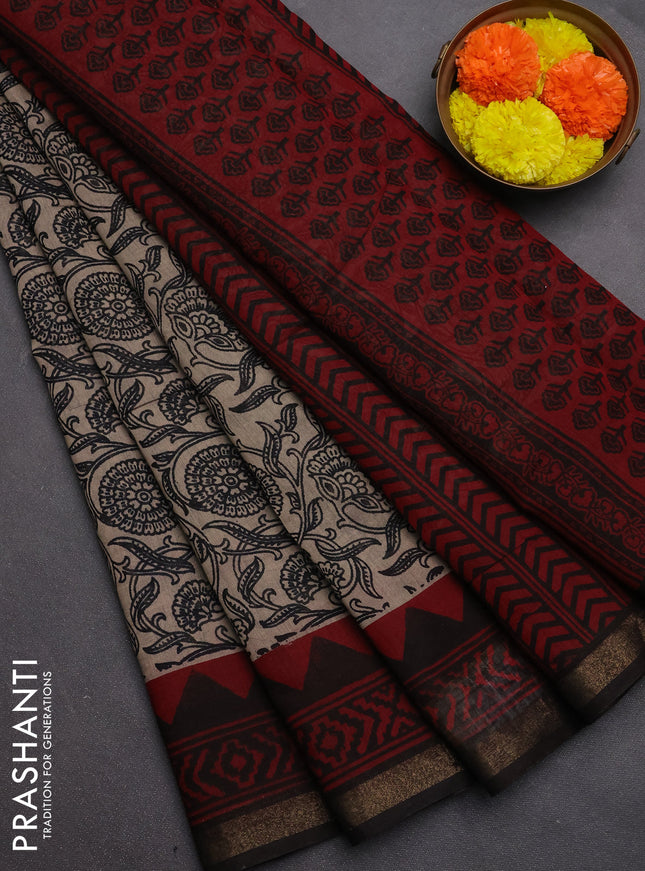 Muslin cotton saree beige and maroon with allover kalamkari prints and zari woven border