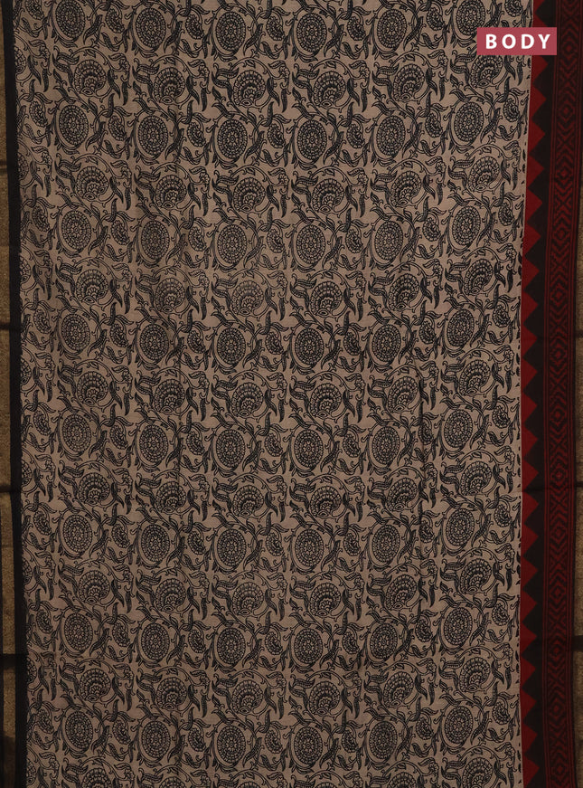 Muslin cotton saree beige and maroon with allover kalamkari prints and zari woven border