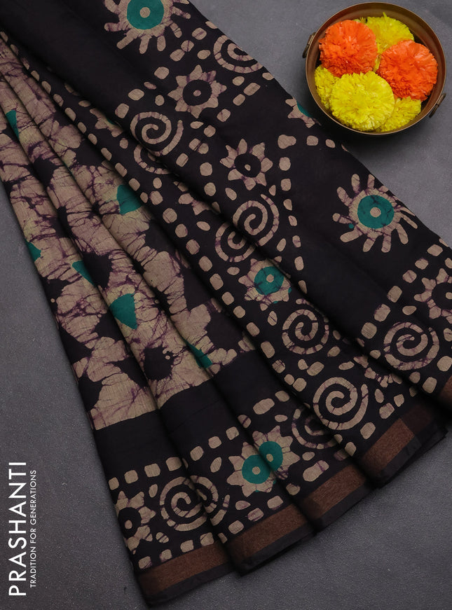 Muslin cotton saree wine shade with allover batik prints and zari woven border