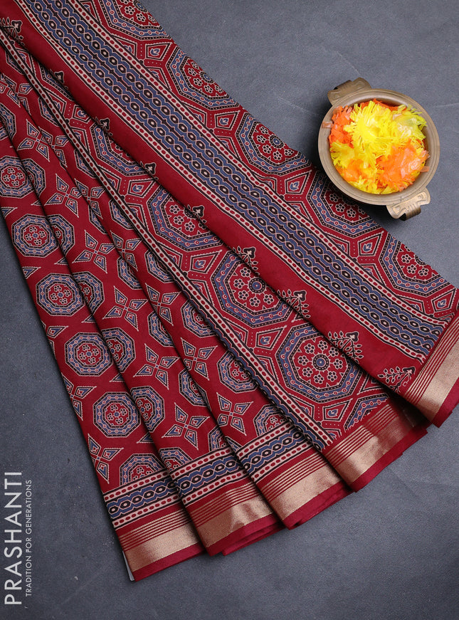 Muslin cotton saree maroon with allover ajrakh prints and zari woven border