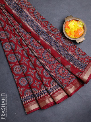 Muslin cotton saree maroon with allover ajrakh prints and zari woven border