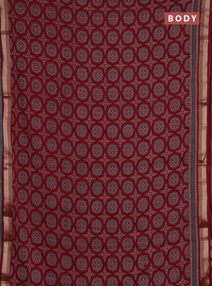 Muslin cotton saree maroon with allover ajrakh prints and zari woven border