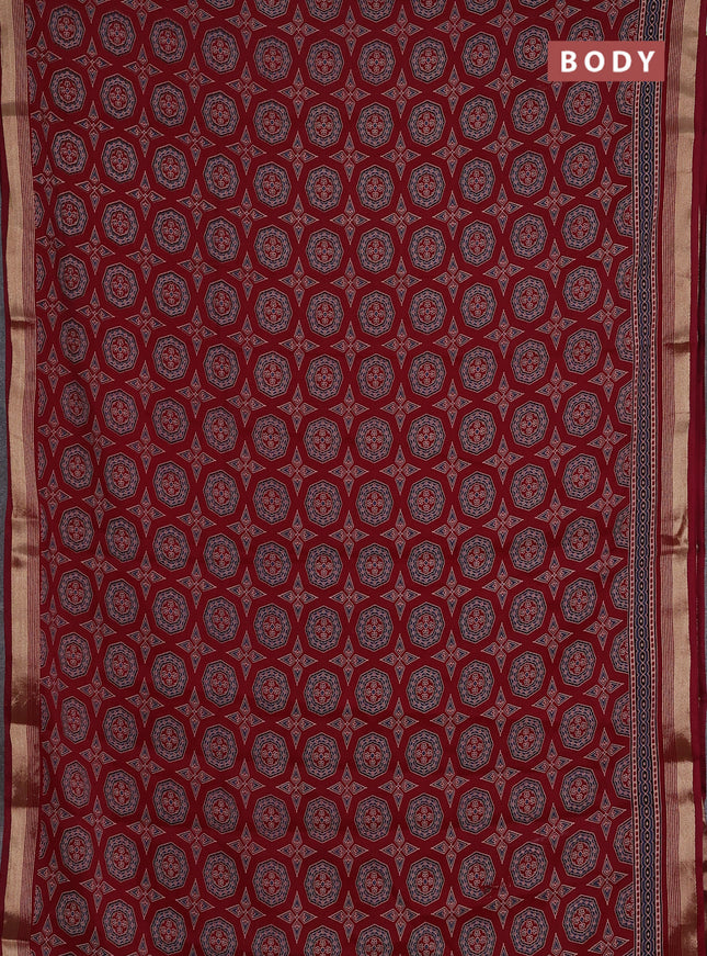 Muslin cotton saree maroon with allover ajrakh prints and zari woven border