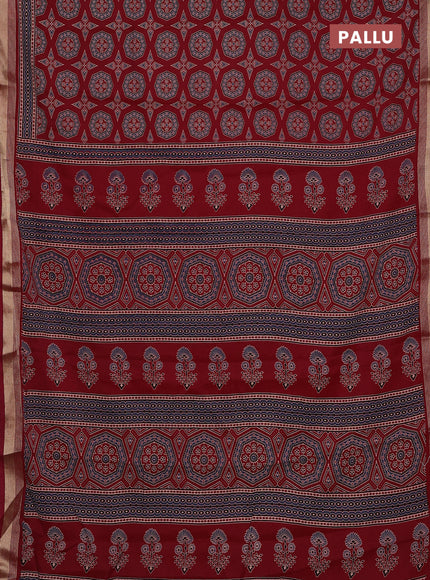 Muslin cotton saree maroon with allover ajrakh prints and zari woven border