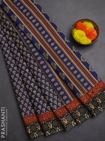 Muslin cotton saree blue and black with allover butta prints and printed border