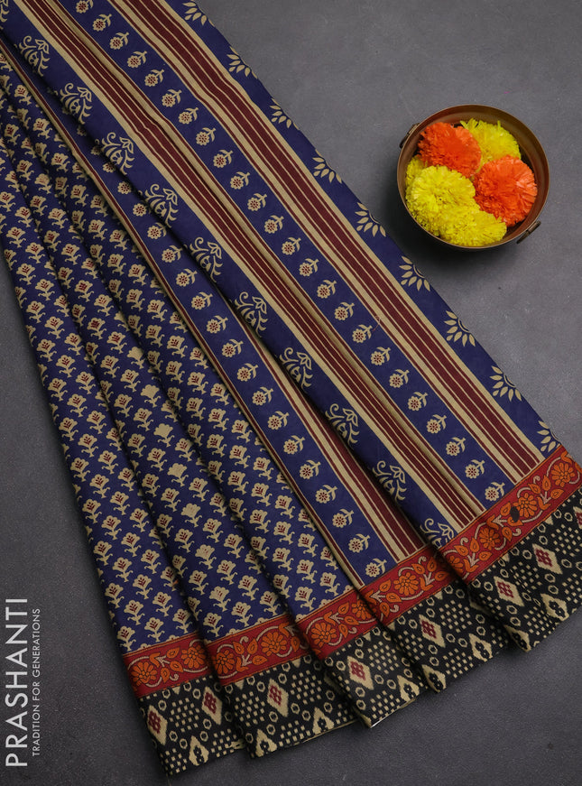 Muslin cotton saree blue and black with allover butta prints and printed border