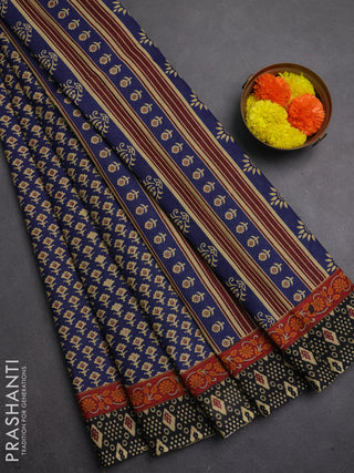 Muslin cotton saree blue and black with allover butta prints and printed border