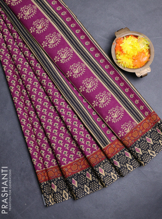 Muslin cotton saree magenta pink and black with allover butta prints and printed border