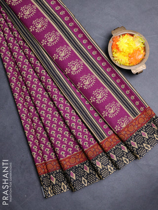 Muslin cotton saree magenta pink and black with allover butta prints and printed border