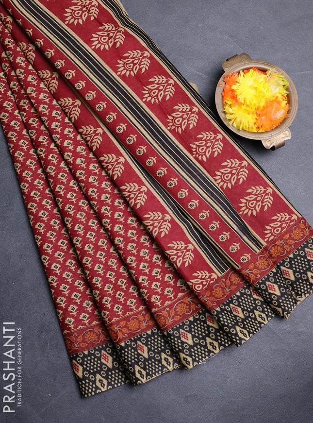 Muslin cotton saree maroon and black with allover butta prints and printed border