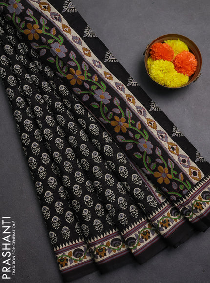 Muslin cotton saree black and beige with allover butta prints and printed border