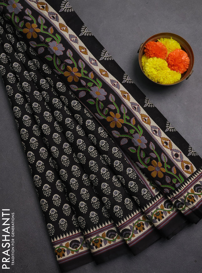 Muslin cotton saree black and beige with allover butta prints and printed border