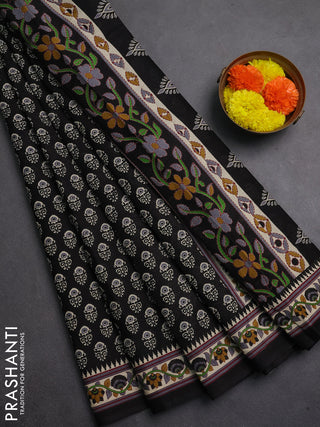 Muslin cotton saree black and beige with allover butta prints and printed border