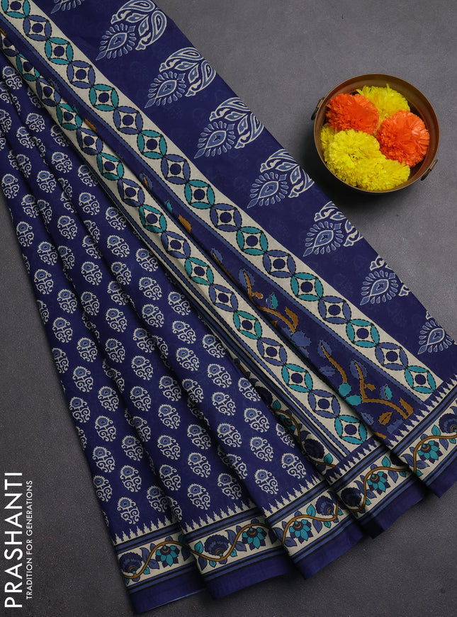 Muslin cotton saree indigo blue and beige with allover butta prints and printed border