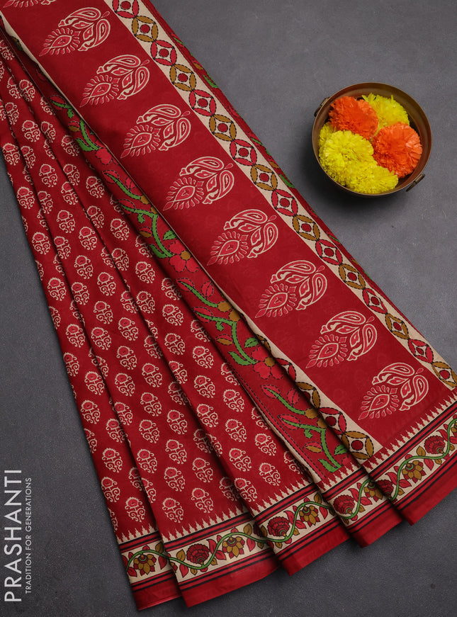 Muslin cotton saree maroon and beige with allover butta prints and printed border