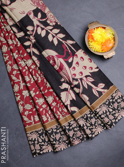 Muslin cotton saree maroon and black with allover kalamkari prints and printed border