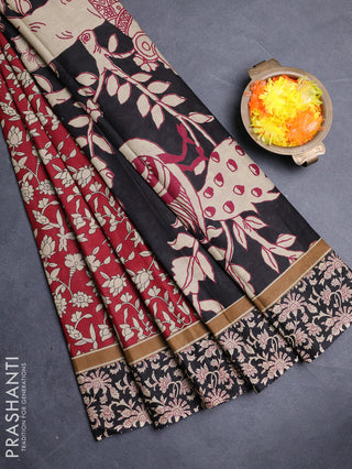 Muslin cotton saree maroon and black with allover kalamkari prints and printed border
