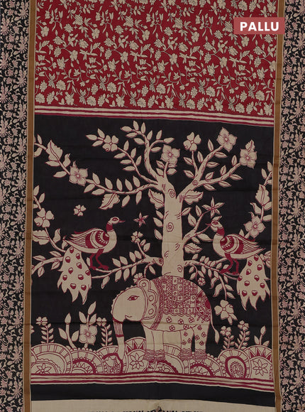 Muslin cotton saree maroon and black with allover kalamkari prints and printed border