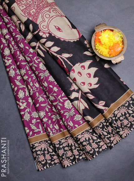 Muslin cotton saree purple and black with allover kalamkari prints and printed border
