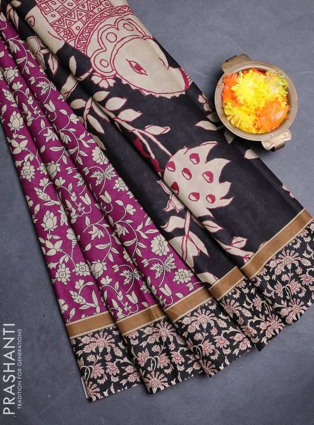 Muslin cotton saree purple and black with allover kalamkari prints and printed border