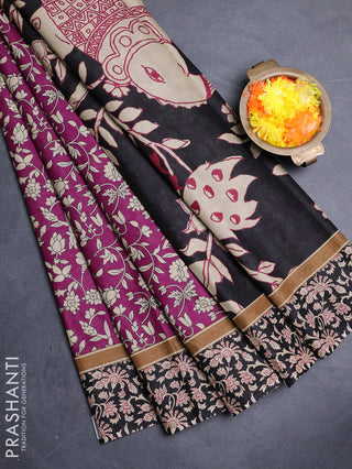 Muslin cotton saree purple and black with allover kalamkari prints and printed border