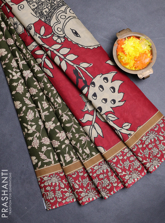 Muslin cotton saree olive green and maroon with allover kalamkari prints and printed border