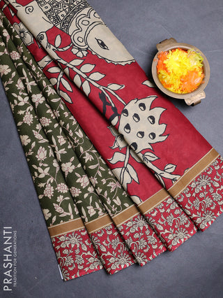 Muslin cotton saree olive green and maroon with allover kalamkari prints and printed border