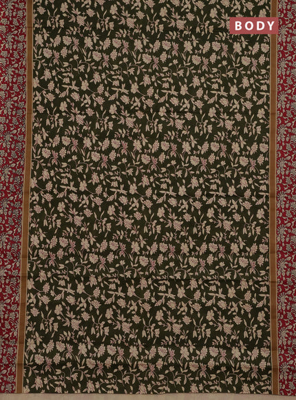 Muslin cotton saree olive green and maroon with allover kalamkari prints and printed border