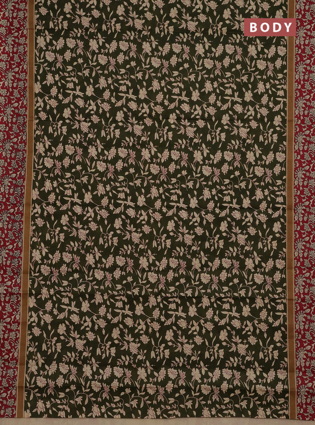 Muslin cotton saree olive green and maroon with allover kalamkari prints and printed border