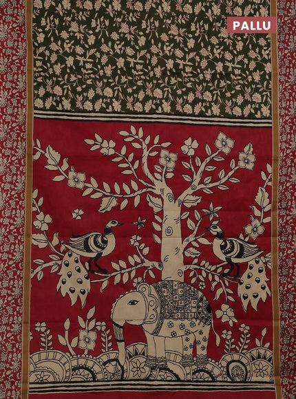 Muslin cotton saree olive green and maroon with allover kalamkari prints and printed border