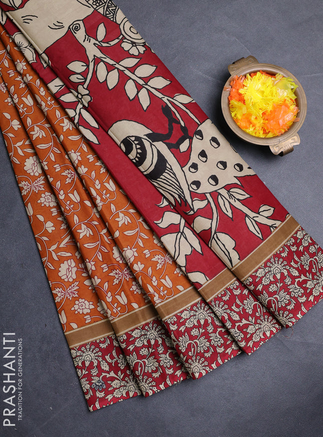 Muslin cotton saree dark mustard and maroon with allover kalamkari prints and printed border
