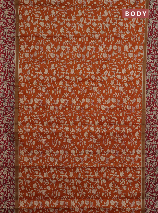 Muslin cotton saree dark mustard and maroon with allover kalamkari prints and printed border