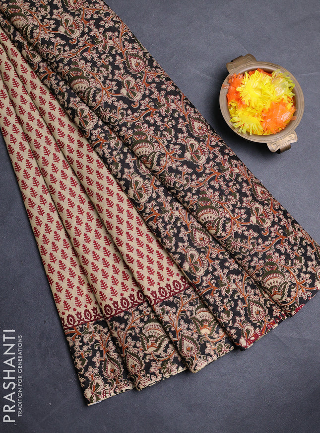Muslin cotton saree beige and black with allover butta prints and printed border
