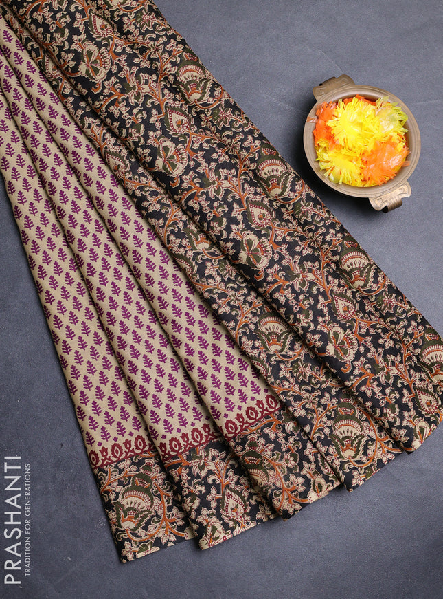 Muslin cotton saree beige and black with allover butta prints and printed border