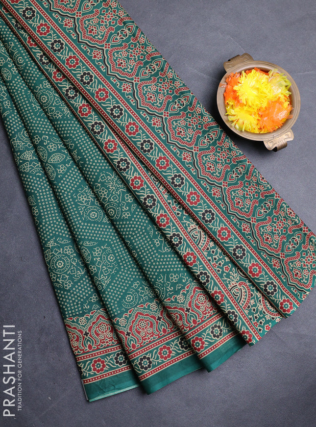 Muslin cotton saree green with allover bandhani prints and printed border