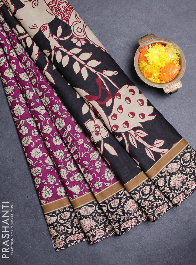 Muslin cotton saree purple and black with allover kalamkari prints and printed border