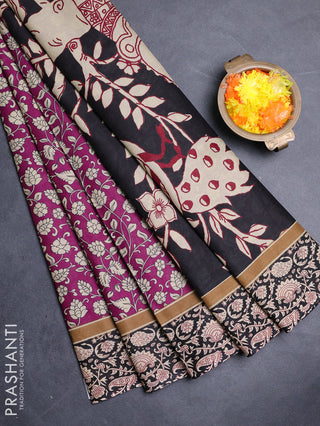 Muslin cotton saree purple and black with allover kalamkari prints and printed border