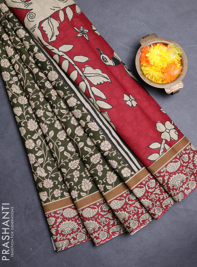 Muslin cotton saree olive green and maroon with allover kalamkari prints and printed border