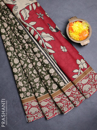 Muslin cotton saree olive green and maroon with allover kalamkari prints and printed border