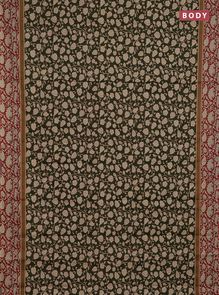 Muslin cotton saree olive green and maroon with allover kalamkari prints and printed border