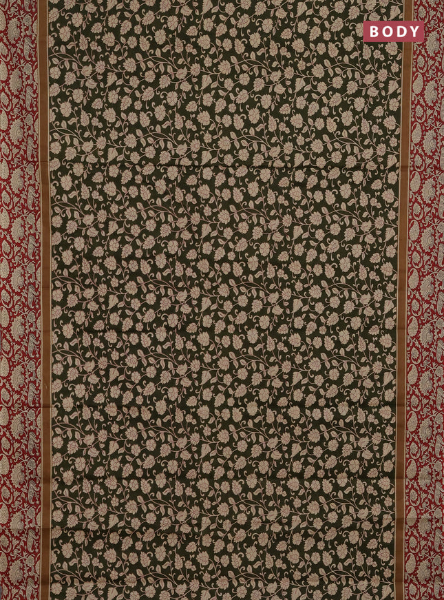 Muslin cotton saree olive green and maroon with allover kalamkari prints and printed border