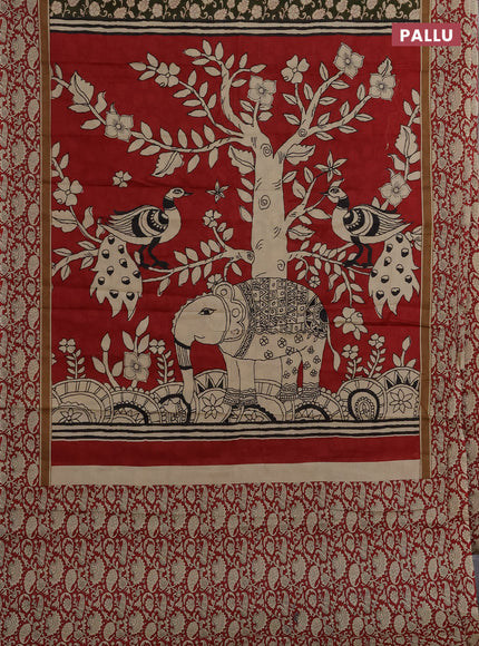 Muslin cotton saree olive green and maroon with allover kalamkari prints and printed border