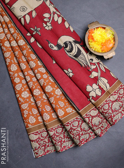 Muslin cotton saree mustard yellow and maroon with allover kalamkari prints and printed border