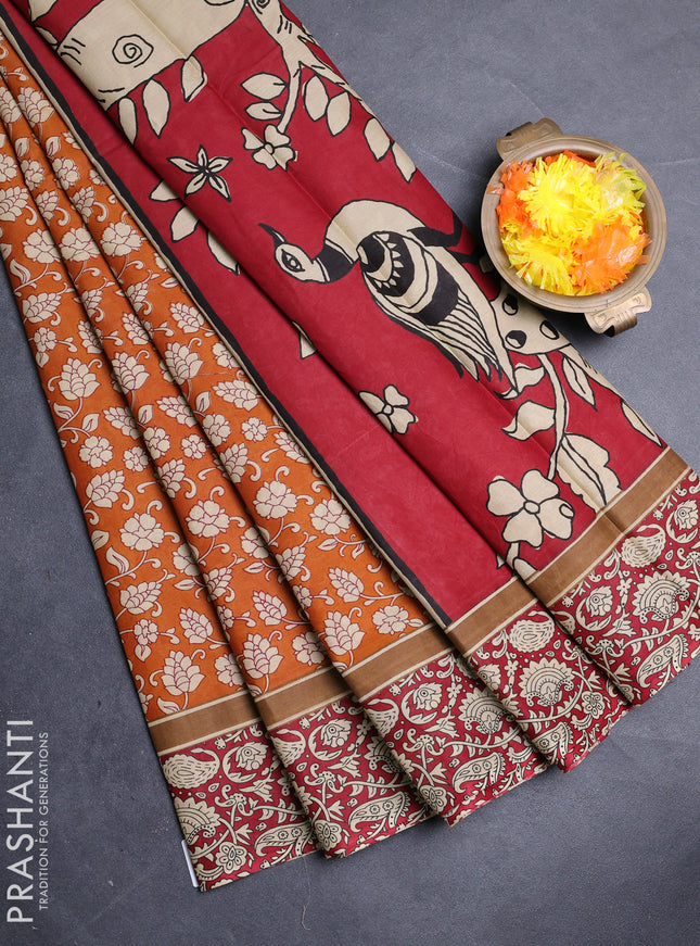 Muslin cotton saree mustard yellow and maroon with allover kalamkari prints and printed border