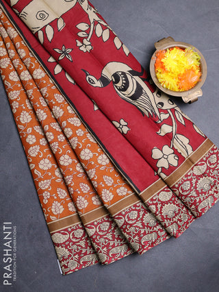 Muslin cotton saree mustard yellow and maroon with allover kalamkari prints and printed border