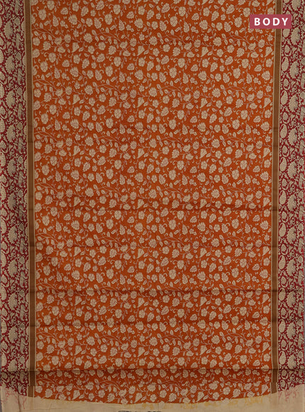 Muslin cotton saree mustard yellow and maroon with allover kalamkari prints and printed border