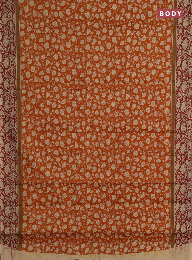 Muslin cotton saree mustard yellow and maroon with allover kalamkari prints and printed border