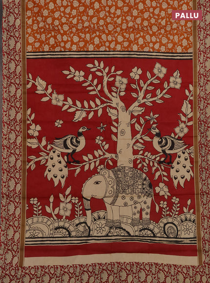 Muslin cotton saree mustard yellow and maroon with allover kalamkari prints and printed border